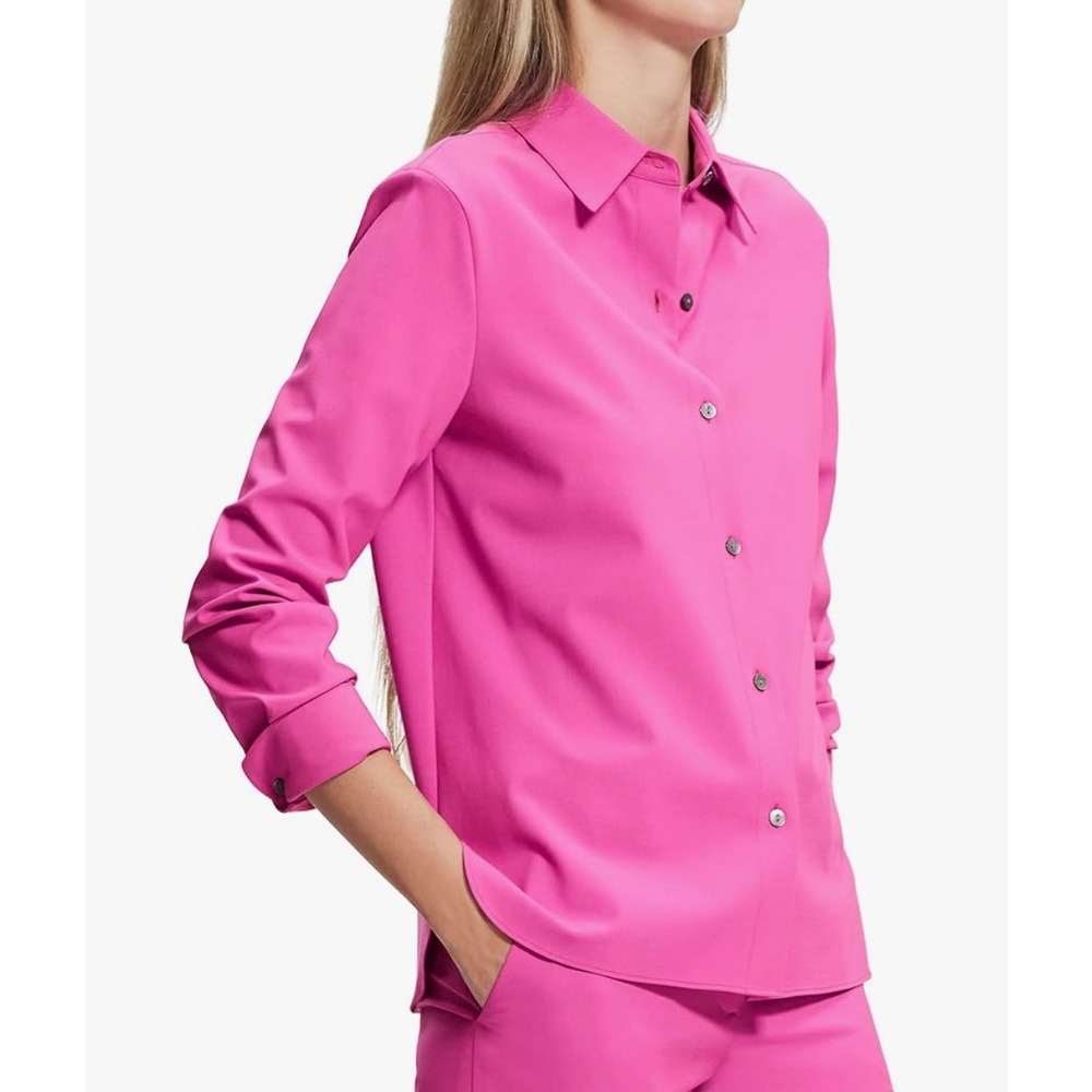 Theory Women's New Straight Shirt Button Up Suiting Good Wool Carnation Pink M